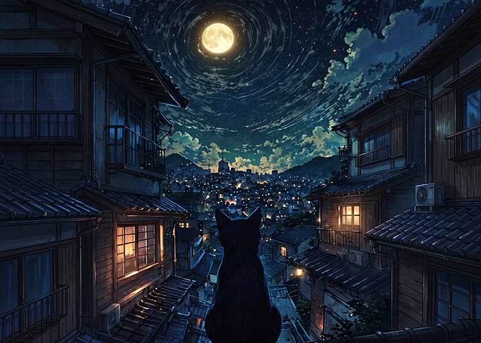Black Cat Watching Night Cityscape