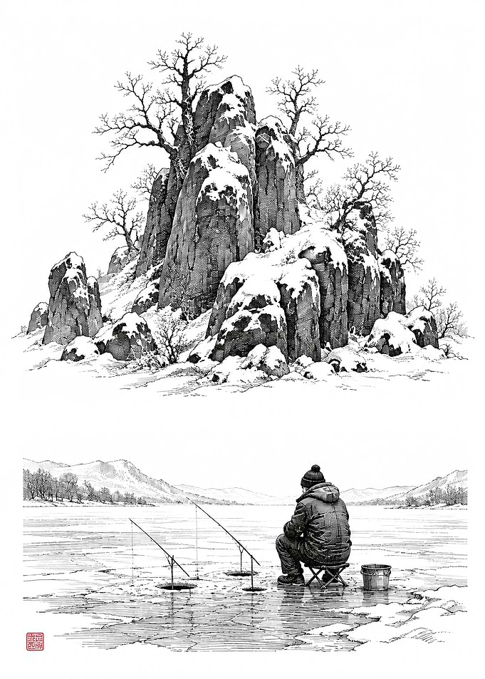 Winter Ice Fishing and Snowy Rocks