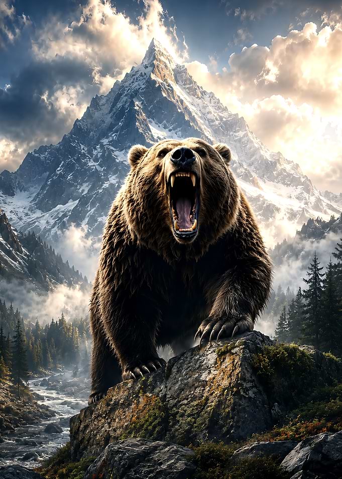 Roaring Grizzly Bear in Mountains