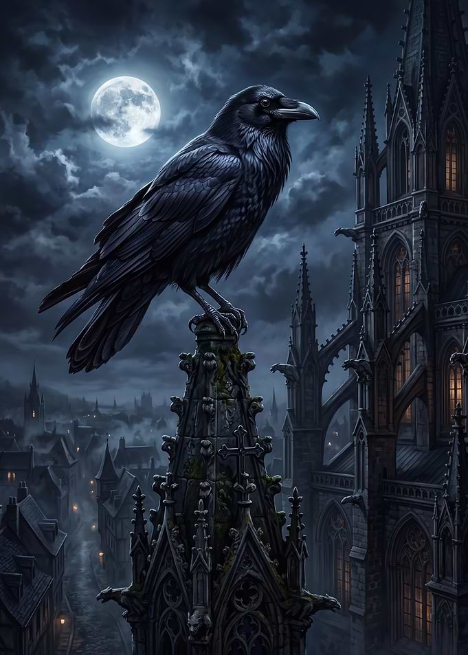 Raven Perched on Gothic Cathedral