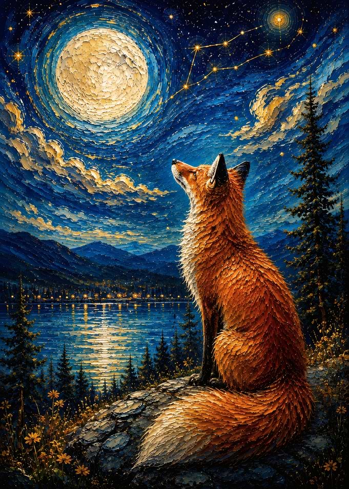 Fox Gazing at Starry Night Sky