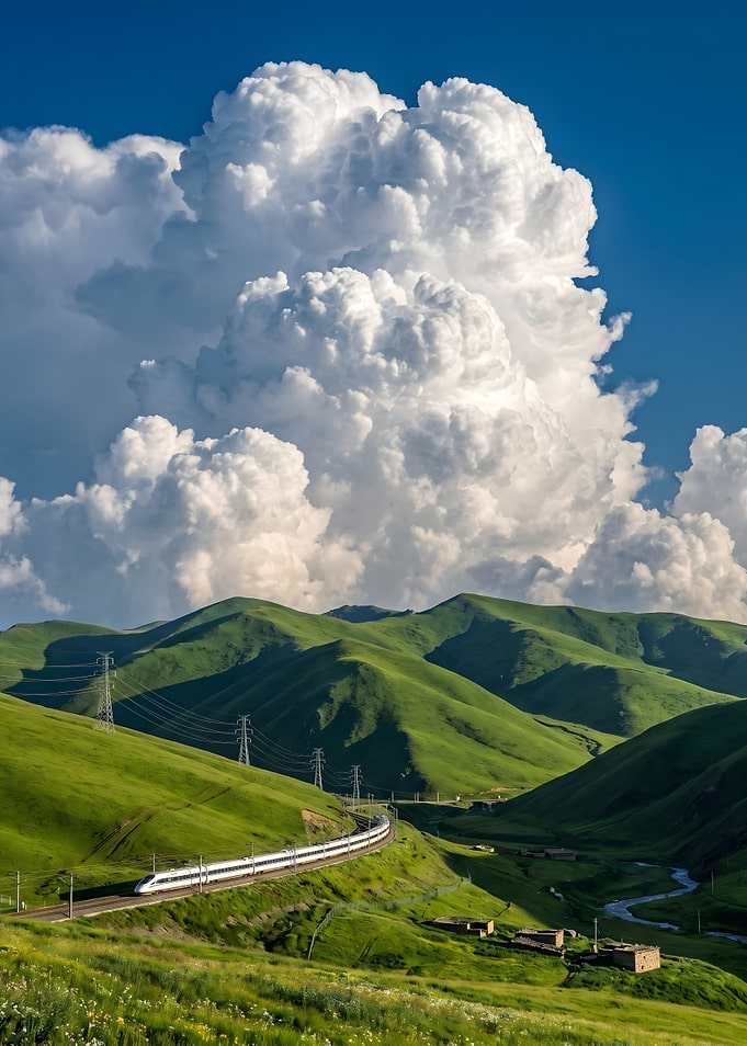 High-speed train through green mountains