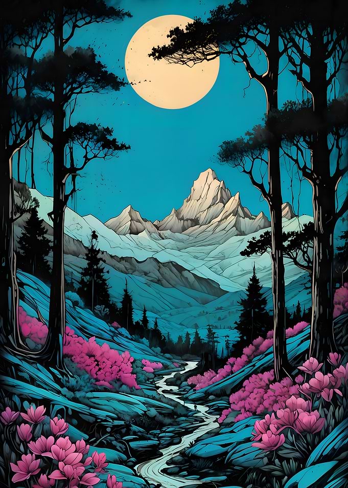 Moonlit Mountain Landscape with Pink Flowers