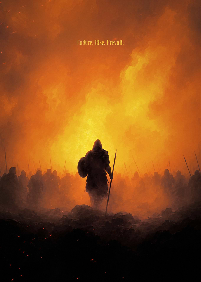 Warrior Standing Before Fiery Battlefield