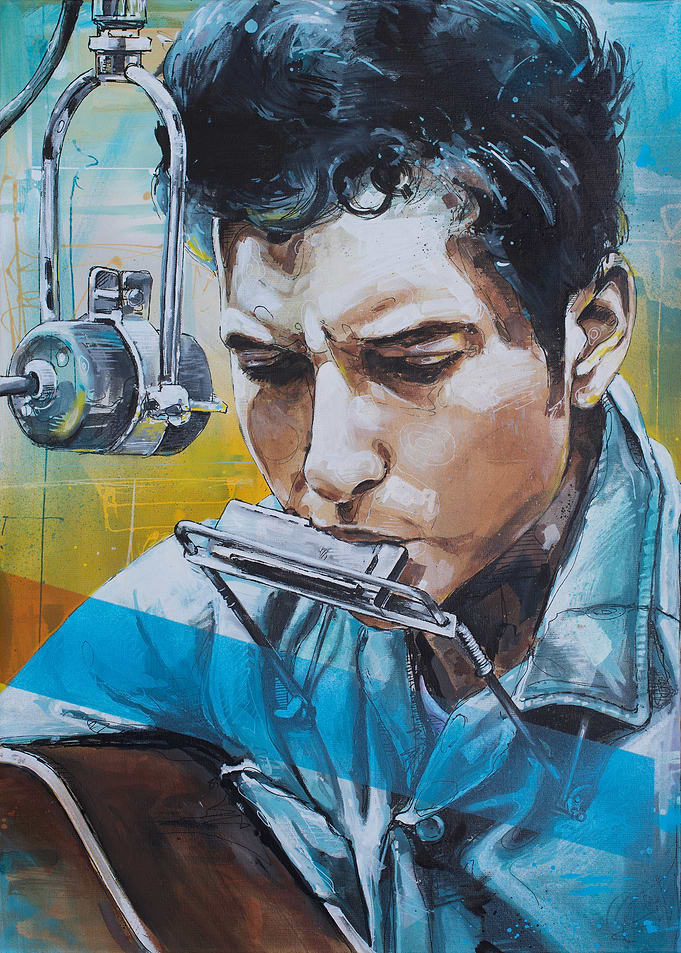 Young Bob Dylan Playing Harmonica Portrait painting