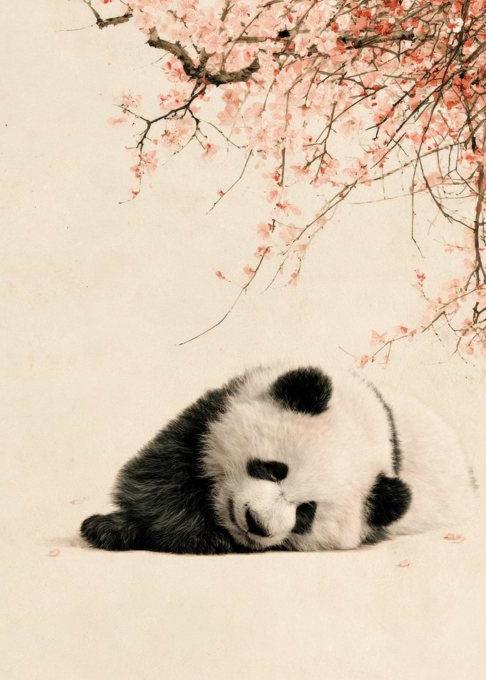 Sleeping Panda Under Cherry Blossoms