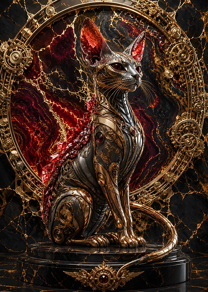 Cybernetic Sphynx Cat Ruby Obsidian Geode