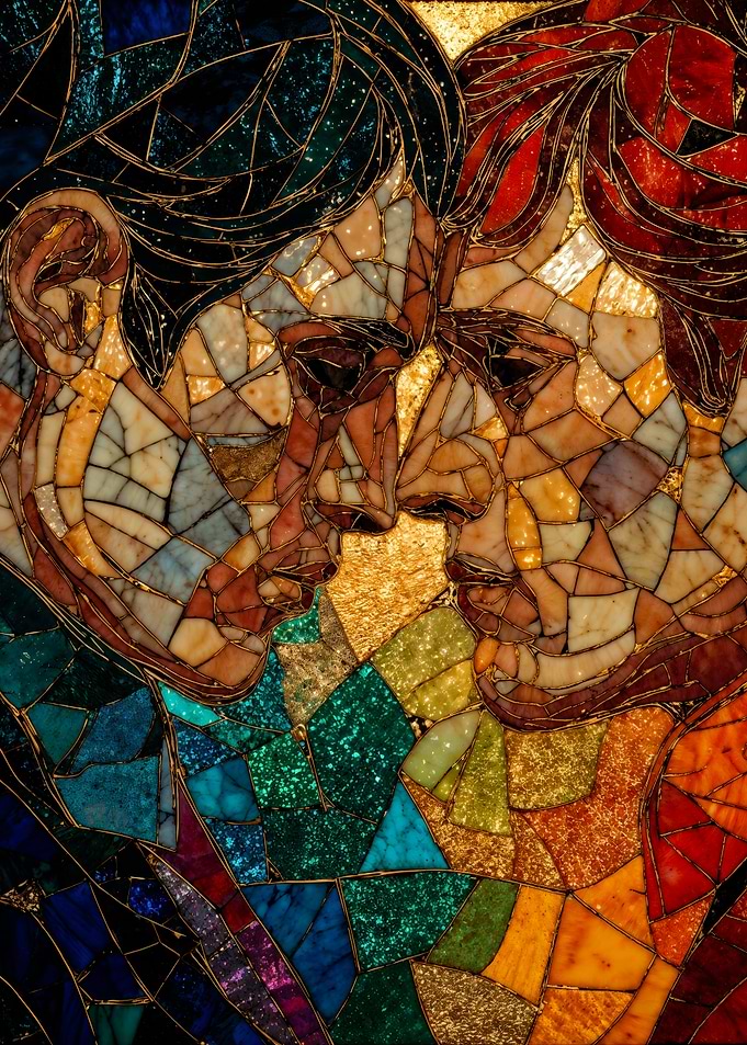 Stained glass two men kissing mosaic artwork