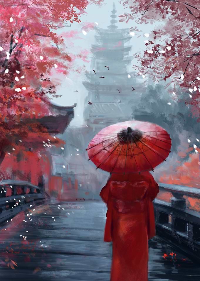 Woman in Kimono with Red Umbrella