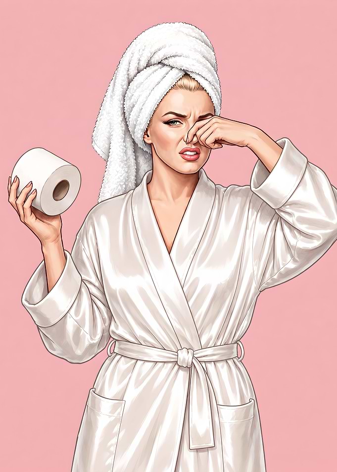Woman in Robe Holding Toilet Paper