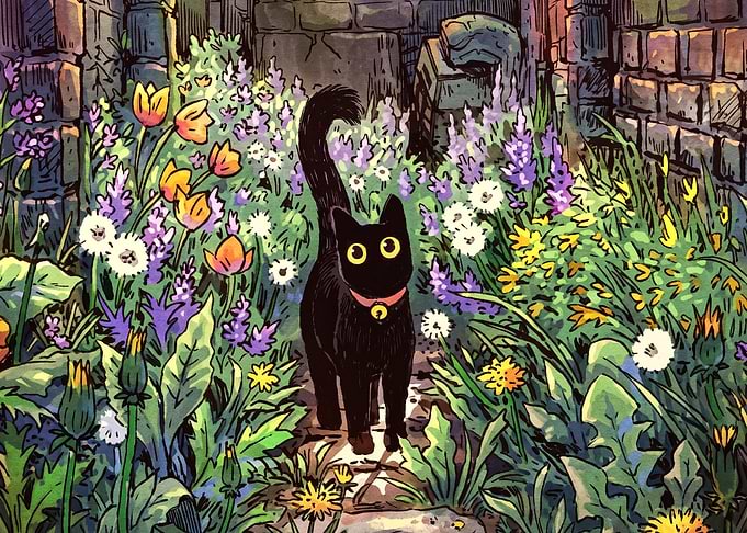 Black Cat in a Flower Garden
