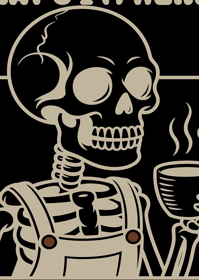 Skeleton Drinking Coffee in Overalls