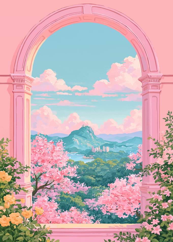 Pink Archway Overlooking Mountain Landscape