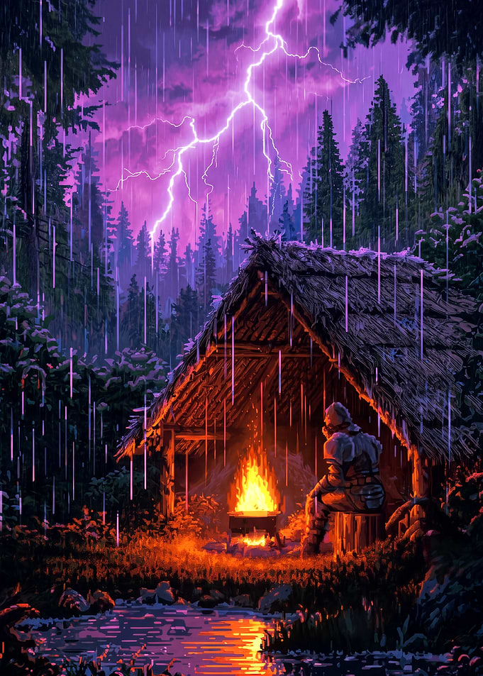 Survivor Resting by Campfire in Rain