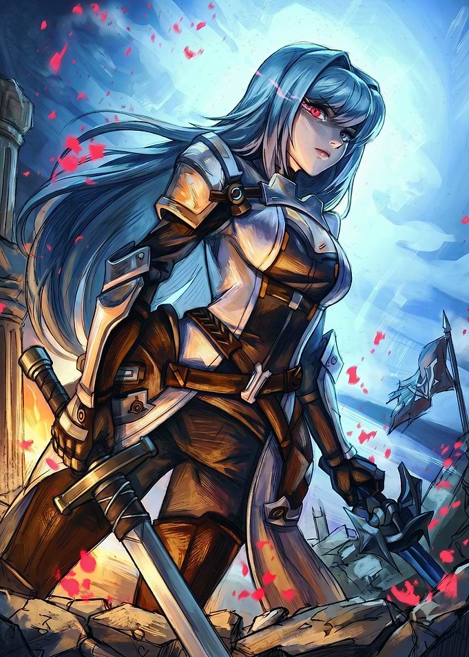 Anime Warrior Girl with Blue Hair