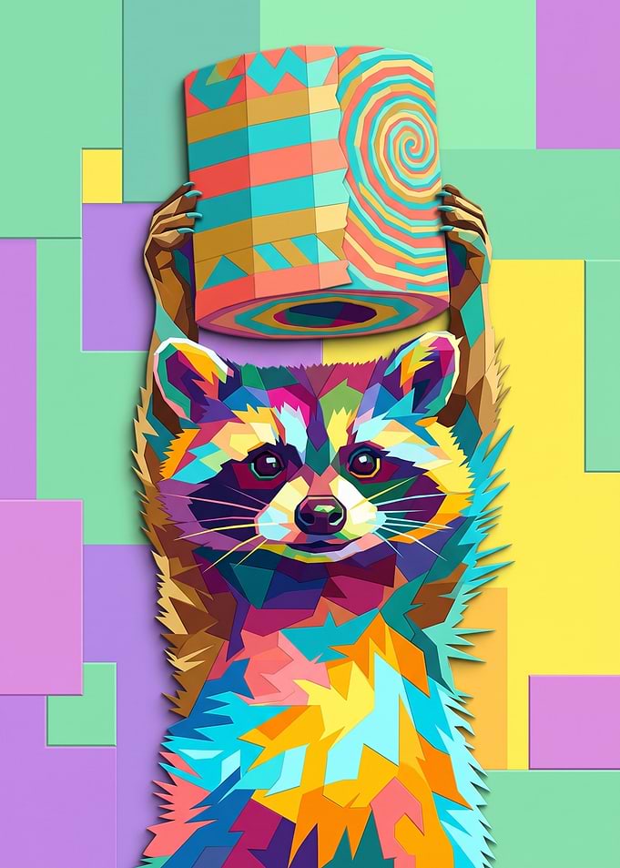 Colorful Geometric Raccoon Holding Toilet Paper