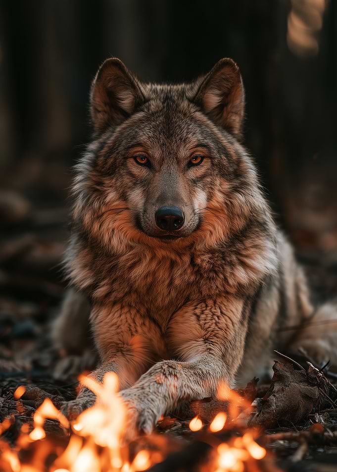 Wolf Resting by a Campfire