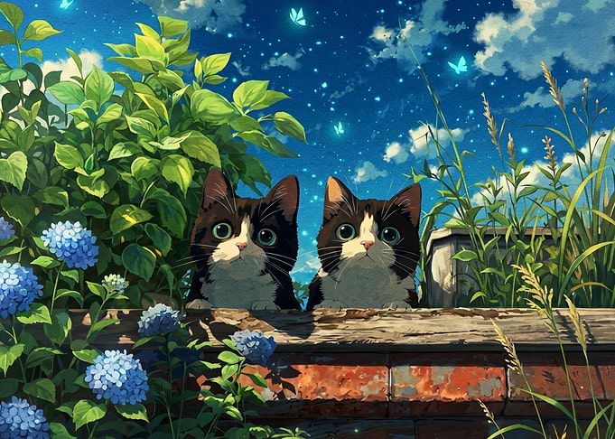 Two Kittens Peeking Over Garden Wall