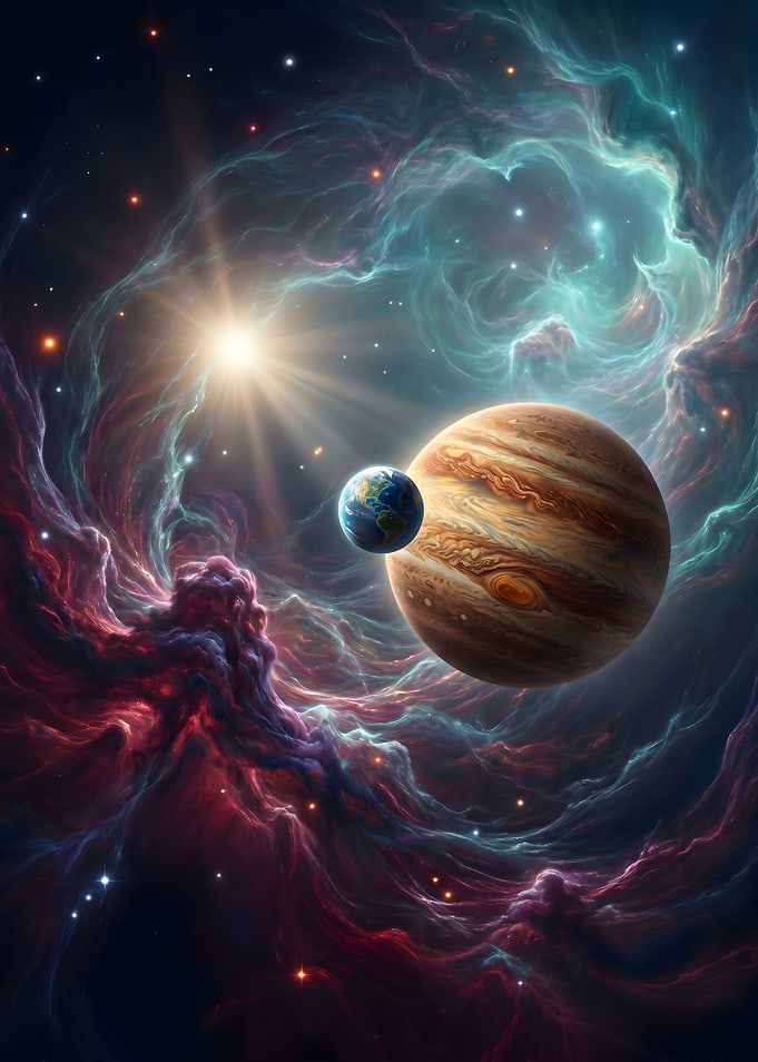 Earth and Jupiter in Cosmic Nebula