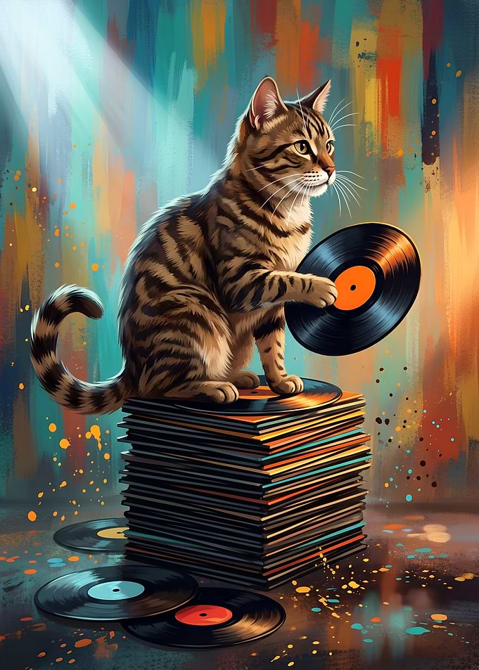 Tabby Cat DJ with retro Vinyl Records