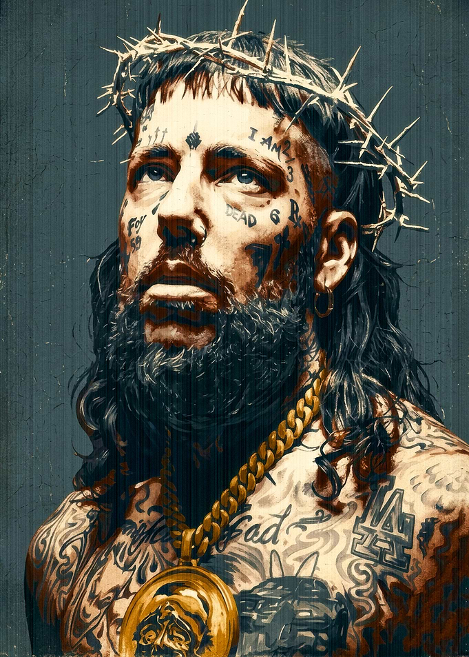 Tattooed Man Wearing Crown of Thorns