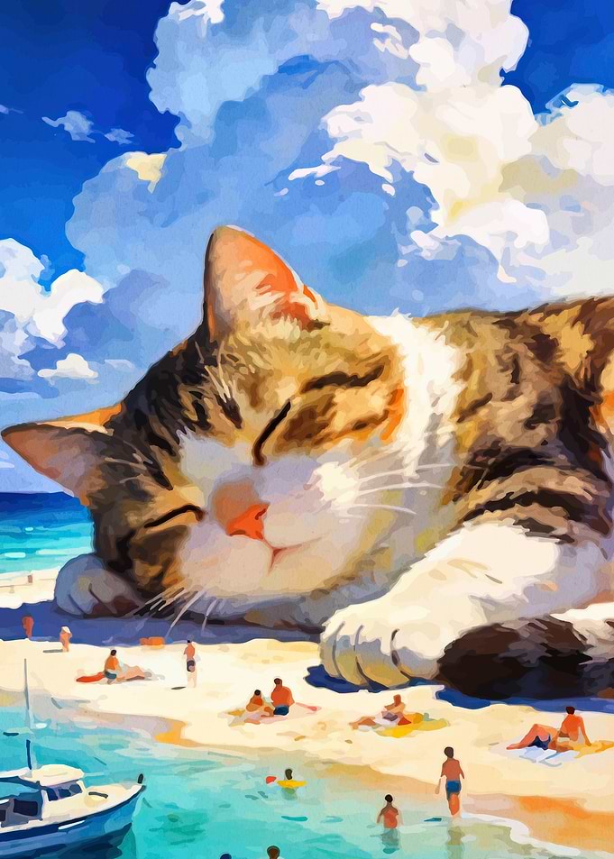 Giant Sleeping Cat on Sunny Beach