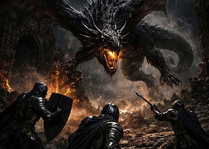 Knights Battling a Fire-Breathing Dragon