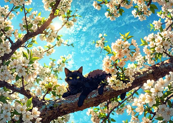 Black Cat Resting in Cherry Blossoms
