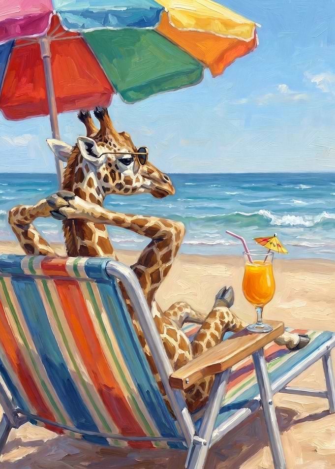 Relaxing Giraffe on Beach