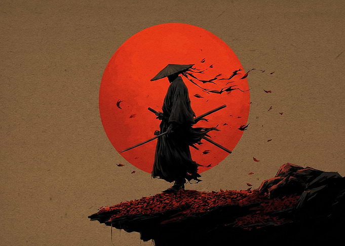 Lone Samurai Silhouette Against Red Sun