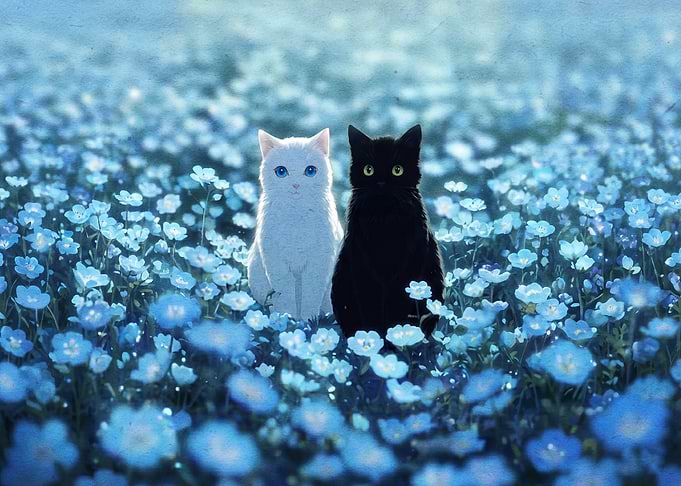 Black and White Cats in Flowers