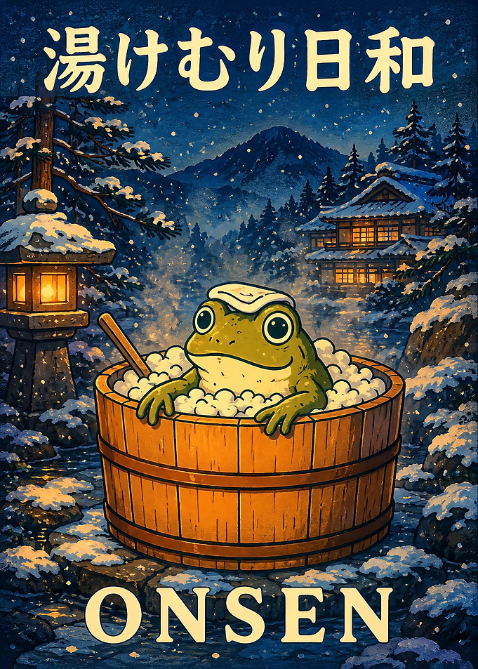 Frog Relaxing in Winter Onsen
