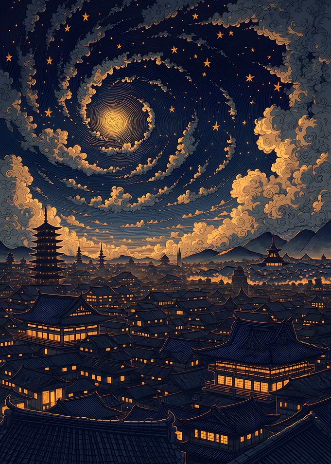 Starry Night Over Traditional Japanese Town