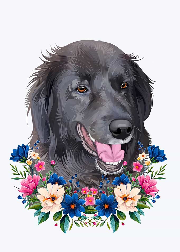 Black Dog Portrait with Floral Wreath