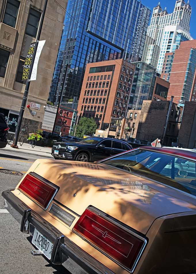 Vintage Car in Chicago Cityscape