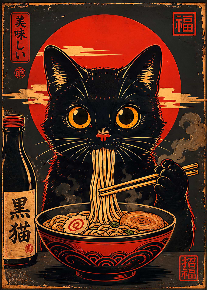 Black Cat Eating Ramen Poster