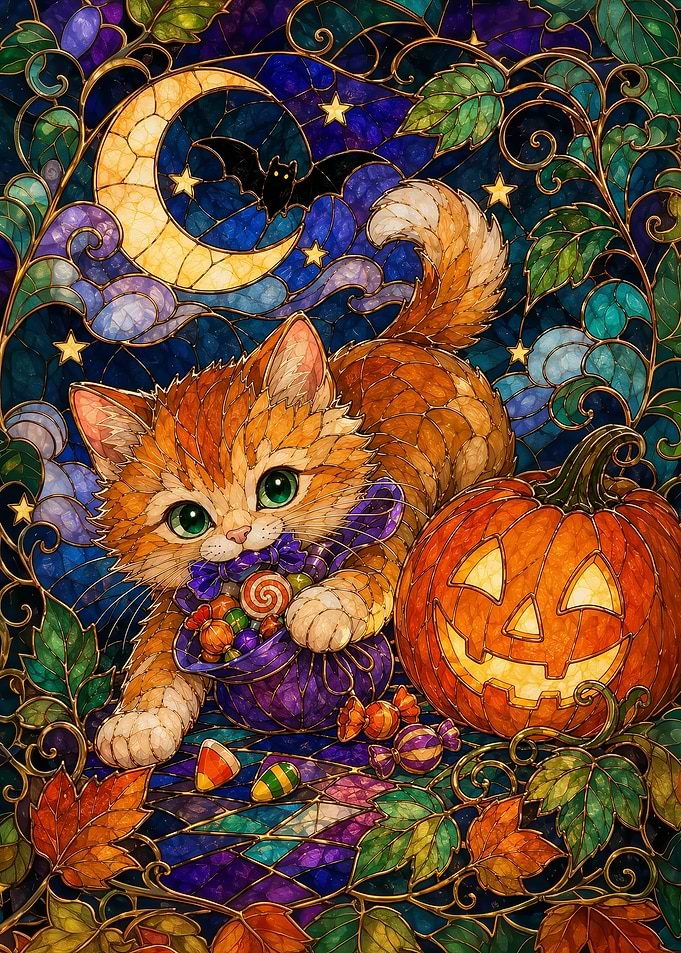 Stained Glass Halloween Cat with Candy