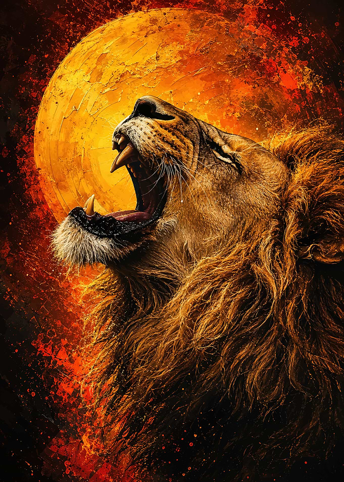 Roaring Lion Against Fiery Sun