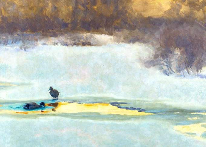 Pair of Ducks by an Ice Hole Winter Landscape Painting