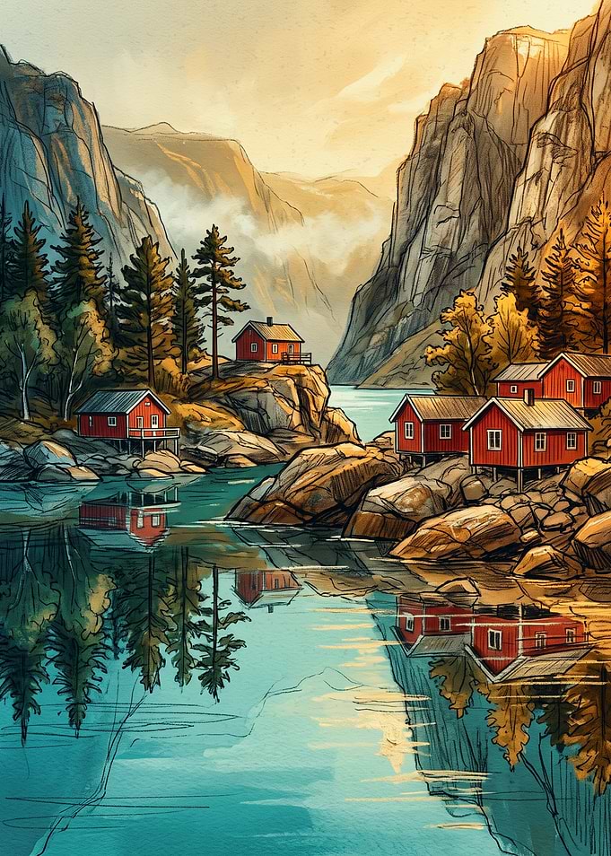 Red Cabins in Nordic Fjord Landscape