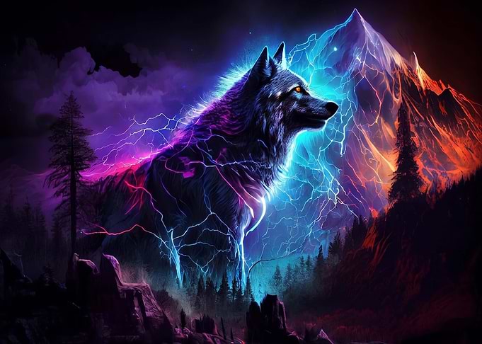 Electric Wolf in Mountain Landscape