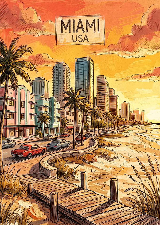 Miami Beach Sunset Travel Poster
