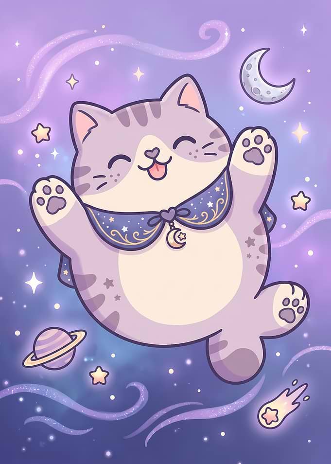 Cute Cosmic Cat Floating in Space