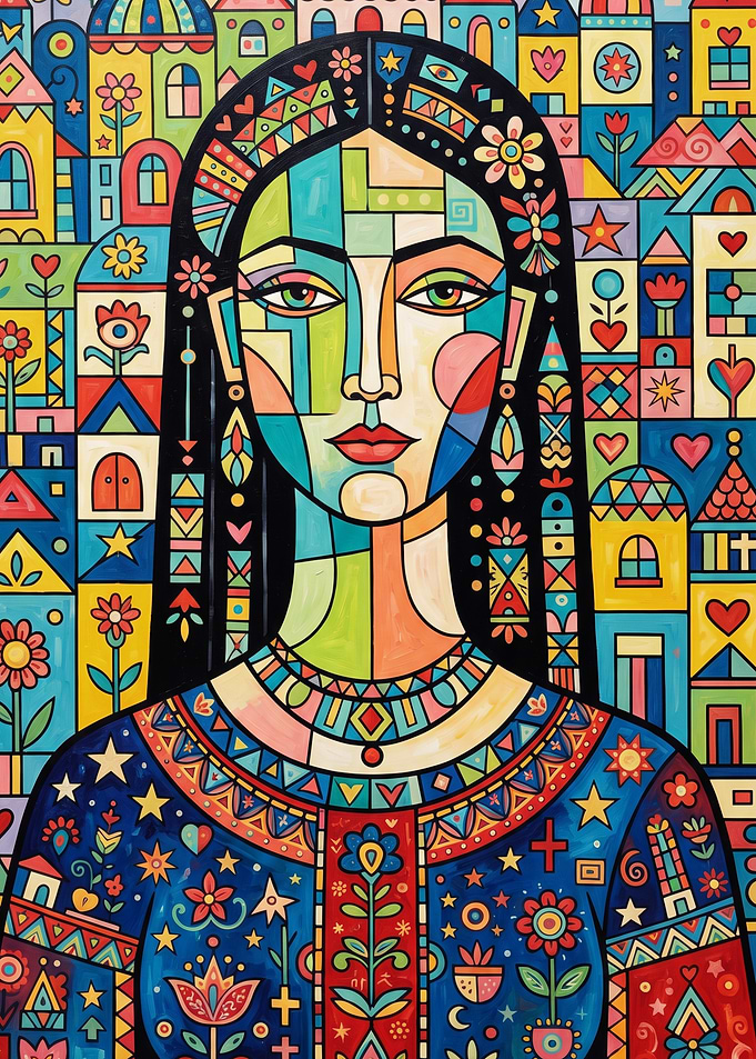 Vibrant Folk Art Portrait of Woman