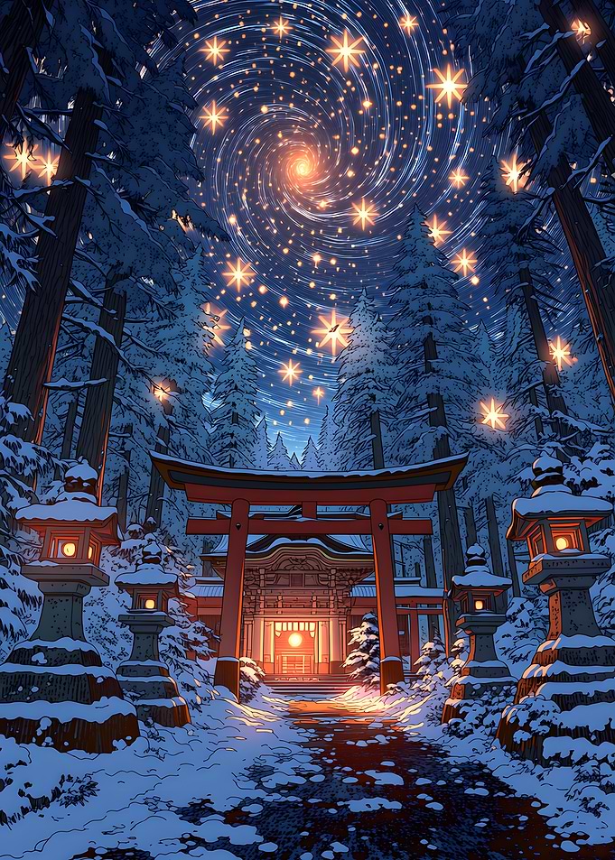 Snowy Japanese Shrine Under Starry Sky
