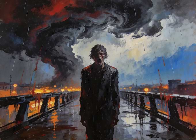 Screaming Man in Stormy Cityscape