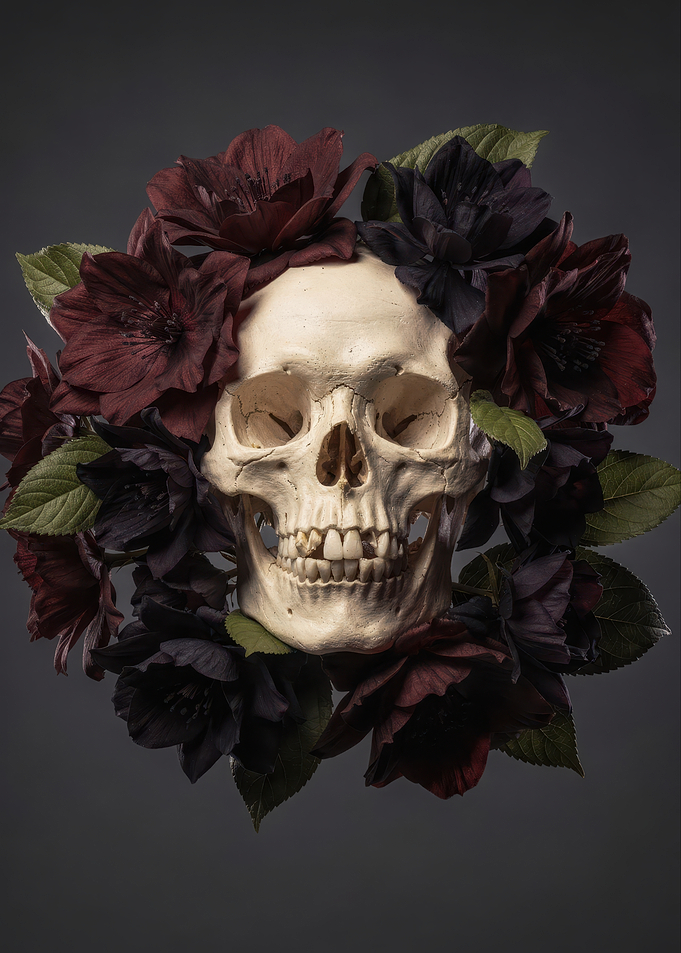 Human Skull Surrounded by Dark Flowers