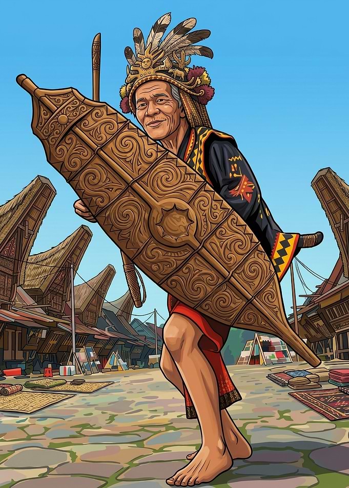 Toraja Warrior with Traditional Shield