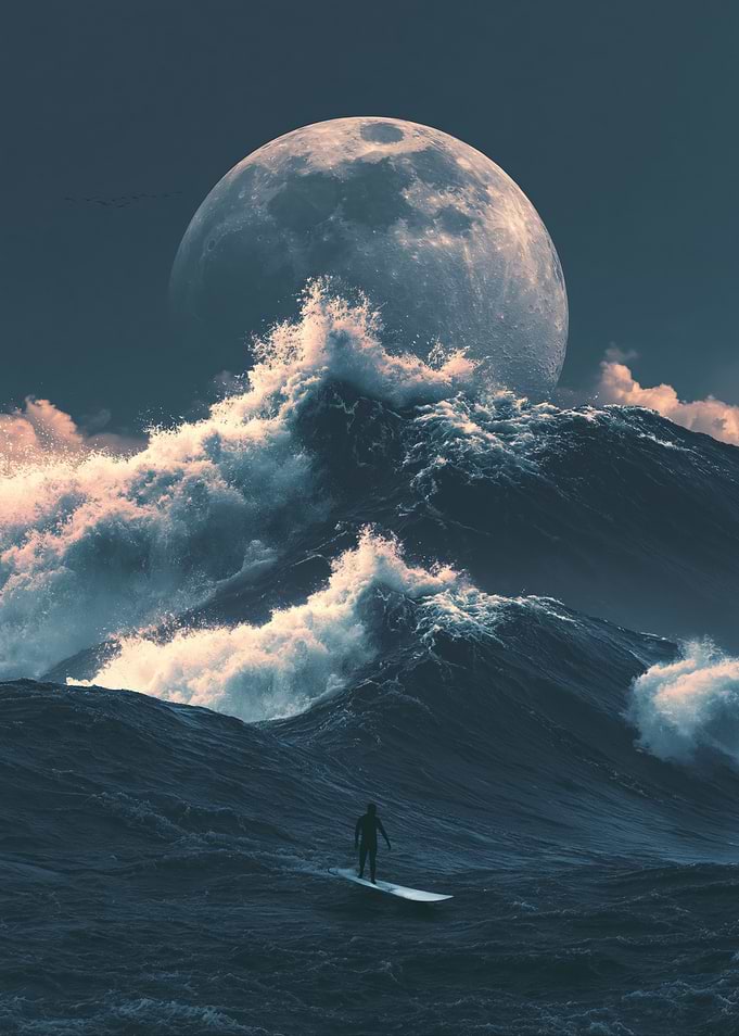 Surfer Riding Giant Moonlit Wave