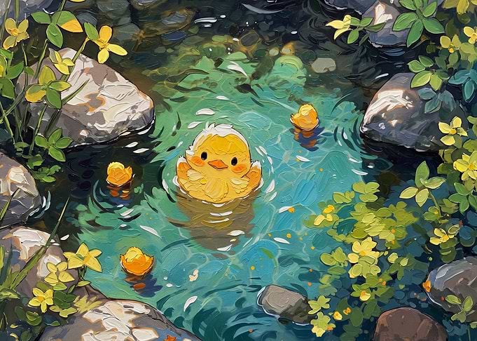 Cute Ducklings Swimming in Pond